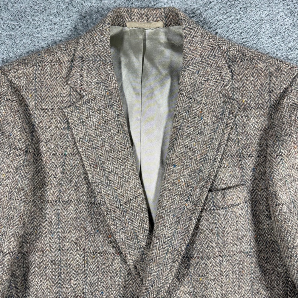 Harris Tweed Blazer Jacket Wool Herringbone Sport Coat  Leather Buttons Mens